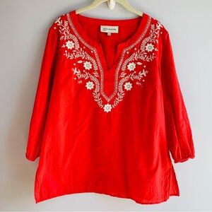 Jones New York Embroidered Boho Cotton Top Tangerine Cream Long Sleeve EUC Small